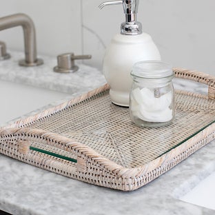 Artifacts Trading Company Rattan Rectangular Tray with Glass Insert - White wash